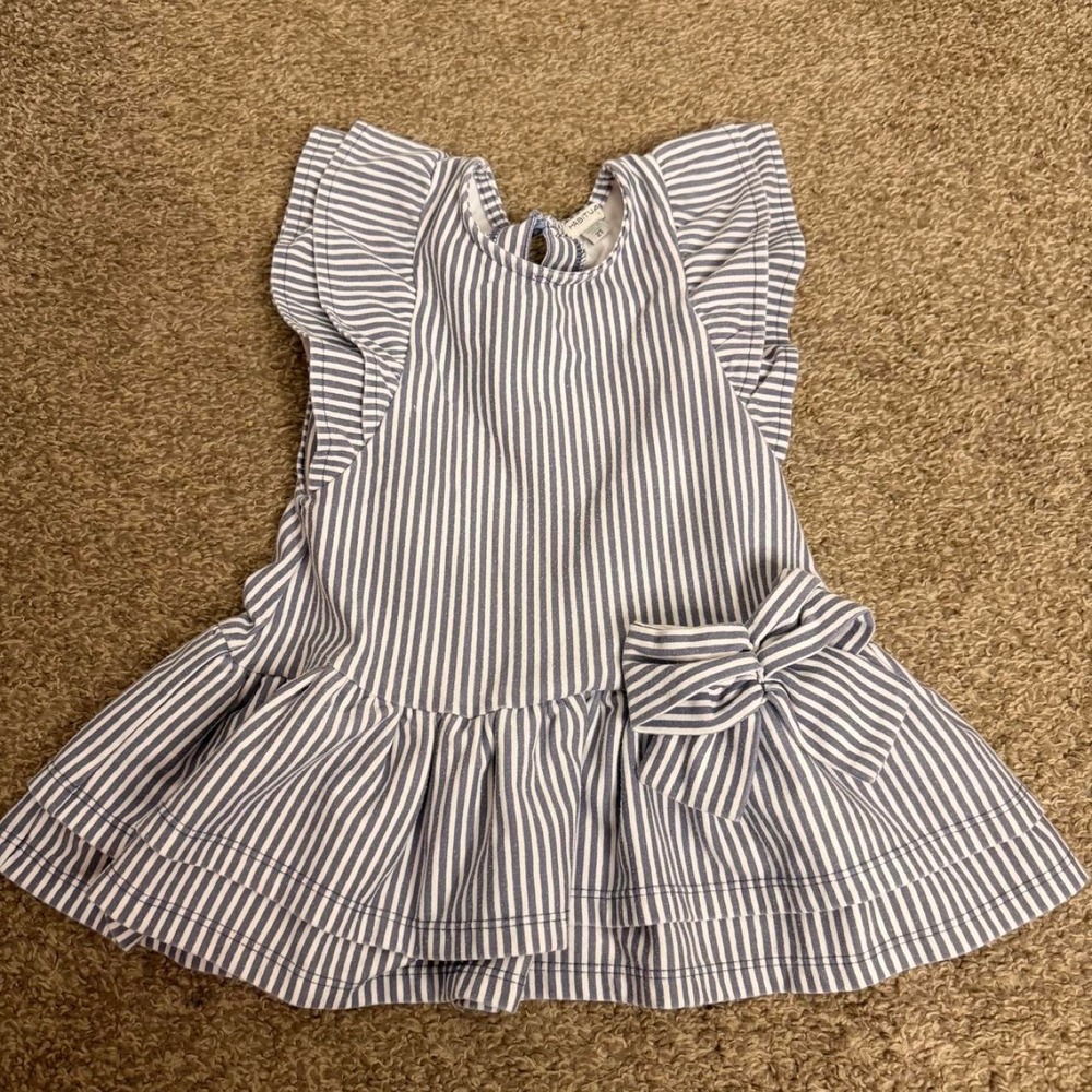 white/blue striped baby dress with bow detail, size 2T